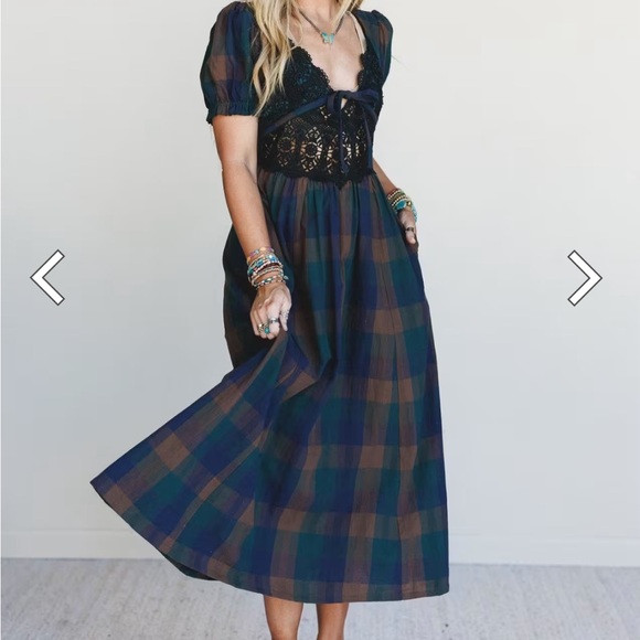 Three Bird Nest Plaid Maxi Dress with Lace Crochet Bodice - Picture 3 of 5